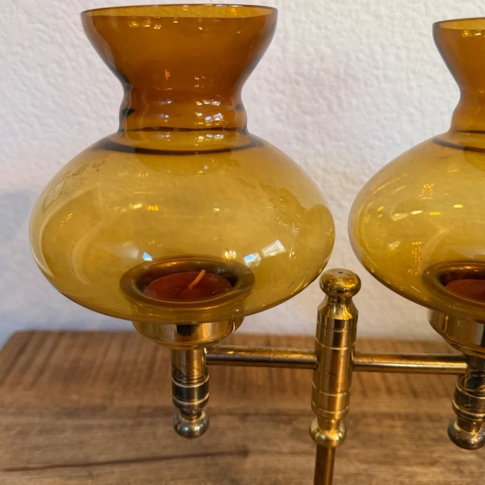 Vintage Brass Double Arm Candelabra Amber Glass Hurricane Tea Light Holder MCM